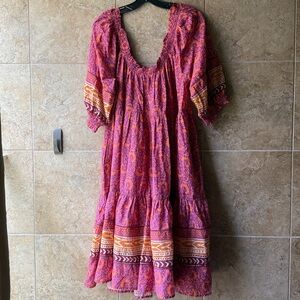 Sundance Floral Lands Dress Pockets L Cotton Modal On & Off Shoulder Flounce EUC